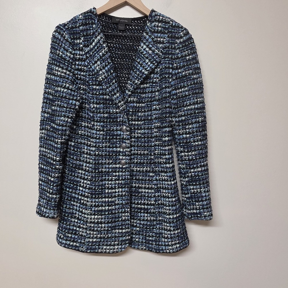 St John Womens 8 Blue Black Boucle Tweed Knit Longline Blazer Jacket USA